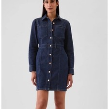 Gap Denim Dress Size M Tall Blue Dark Wash Puff Sleeves Button Pockets Western