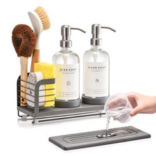 Kitchen Soap Dispenser Set with Drying Tray 16oz Glass Bottles with Stainless