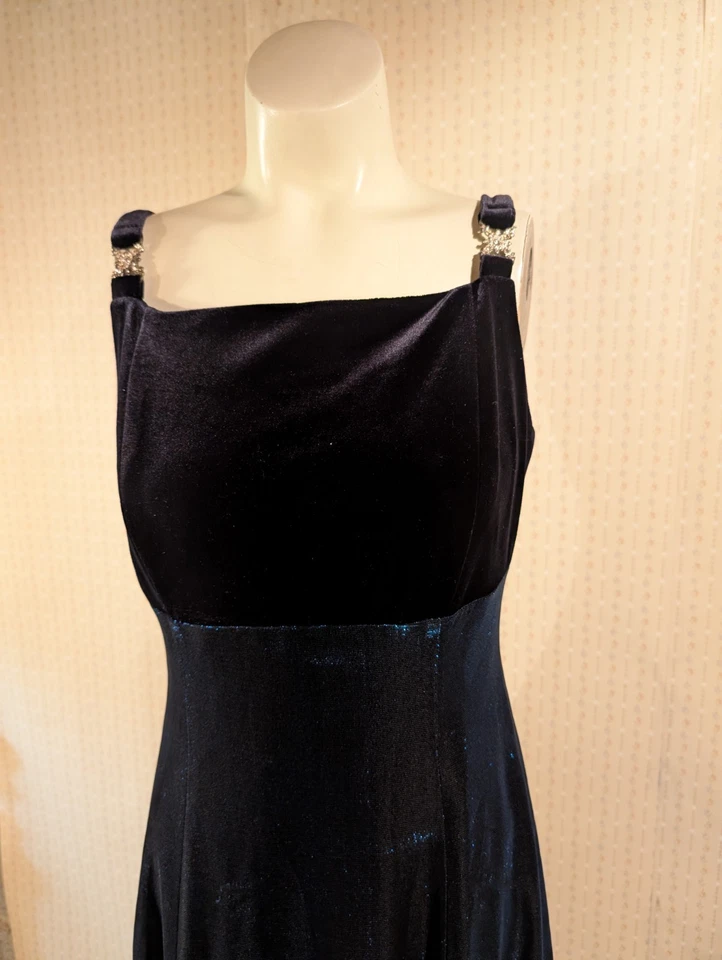 Vintage Betsy & Adam Whimsigoth Dress 6 Black & Blue Metallic Velvet Empire Maxi - Image 3 of 4