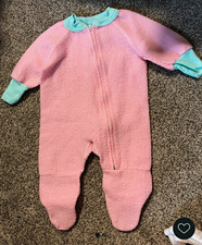 Vintage Pink Fleece Baby Footed Sleeper Aqua Trim Zip Front
