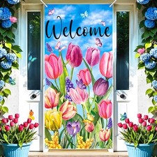 Welcome Spring Door Cover Decorations Tulip Floral Spring Smmer Door Banner