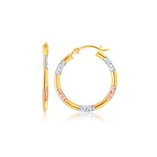 Tri-Color Hoop Earrings with Diamond Cut Accents in 14k Gold 2x15mm 