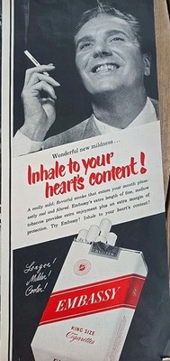 1949 Embassy King Size Cigarettes inhale to your heart's content Vintage ad