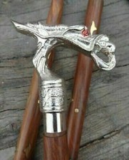 BRASS SILVER DRAGON HEAD HANDLE BROWN WOODEN CANE WALKING STICK HANDMADE GIFTS