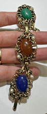 Bracciale Vintage In Plastica Con Cabochon Verde Nero Blu A 6,5"