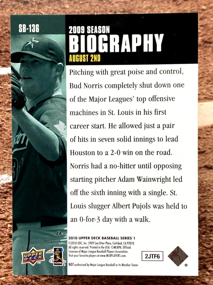 2010 Upper Deck Season Biography Bud Norris #SB-136 - Image 2 of 2