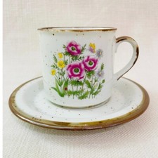 Vintage Otagiri Japan Tea Cup Saucer Speckled Stoneware Wildflowers Floral PINK