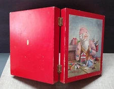 Vintage Victorian Santa Wood Box w/ Hinges, 8.25", Retro, Holiday Workshop