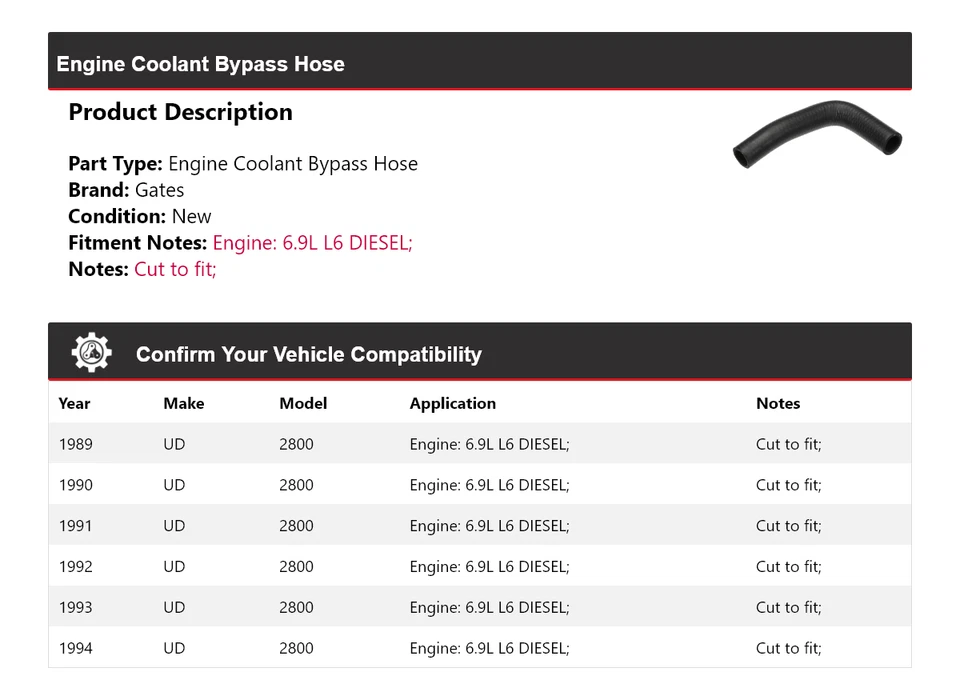 Puertas de manguera de derivación de refrigerante de motor diésel UD 2800 1989-1994 6,9 L L L6 1990 1991 Foto 2 de 4