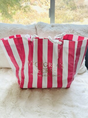 NWT Victorias's Secret Canvas Pink White Stiped Beach Bag Flora