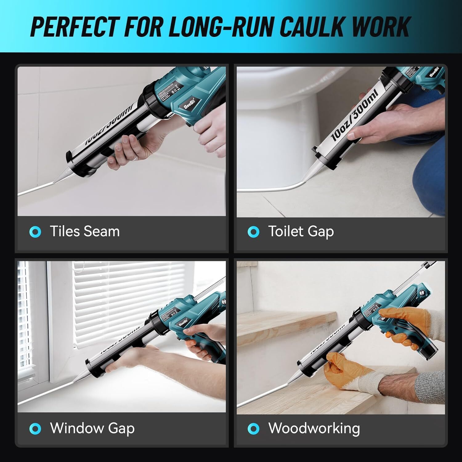 Seesii Cordless Caulking Gun 10 Oz/300ml Electric Silicone Gun w/ LED 2x2.0AH