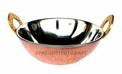 Pure Copper Steel Karahi Table Dish Serving Bowl Kadai Pan Wok 6x2