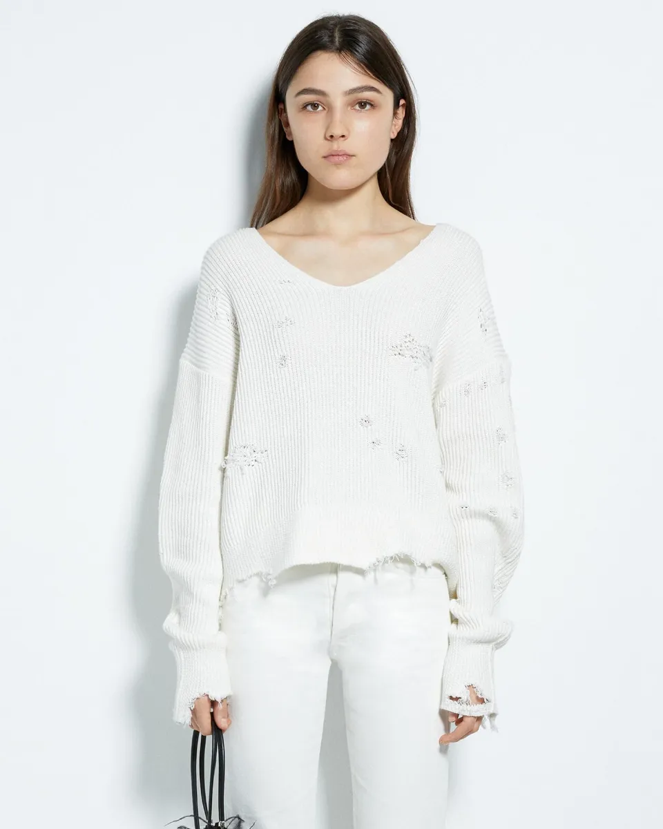 NWT Helmut Lang Distressed V-neck Sweater (Ivory) Size XS