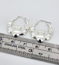 STERLING SILVER CLADDAGH HOOP EARRINGS 20X15MM VICTORIAN CREOLE IRISH WED BOX