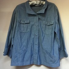 Chico's Womens Sz 2 Chambray Jacket Button Front Pockets Blue Cotton 3/4 Sleeve