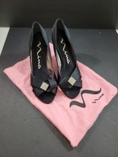 Nina Black Satin Open-Toe Pumps Heels Rhinestone Bling Formal Dustbag Women 7M