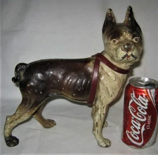 ANTIQUE HUBLEY USA BROWN & CREAM BOSTON TERRIER BRASS COLLAR CAST IRON DOORSTOP