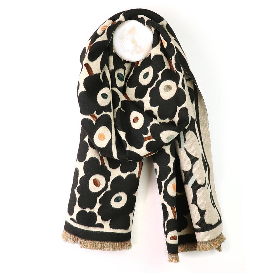 Womens Scarf Monochrome Poppy Print Fashion Shawl Versatile Wardrobe Staple