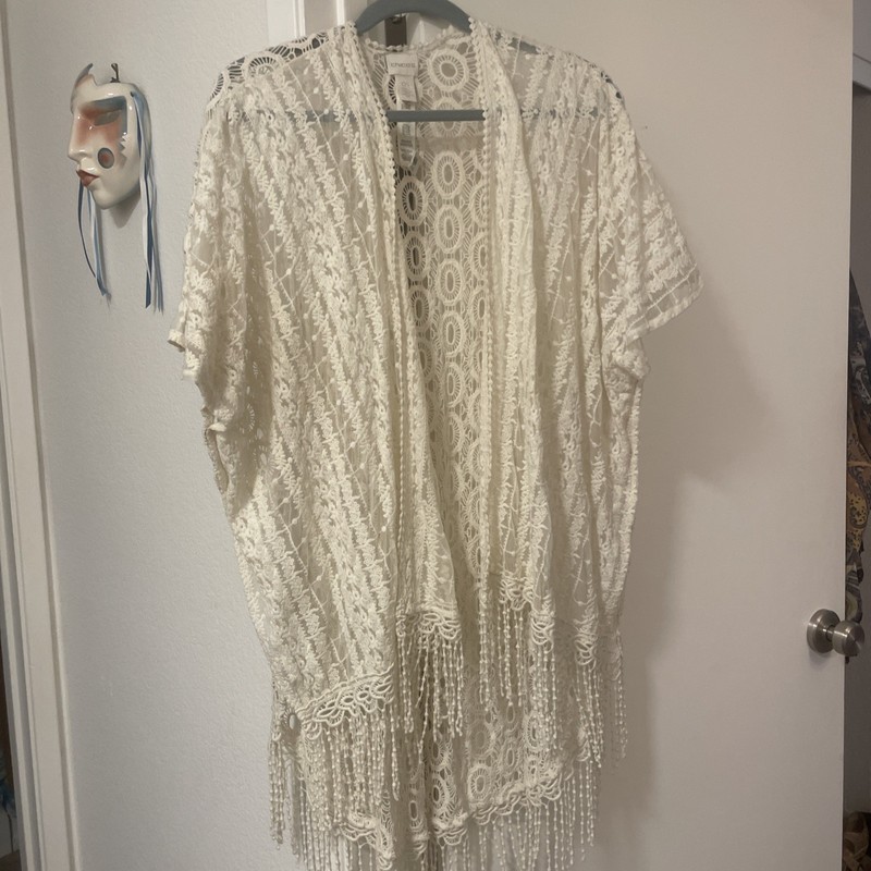 Stunning Chico’s Long Crochet With Fringe Open Front Topper One Size NWT