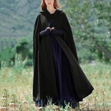 Damen Wollmischung mit Kapuze Knöpfe Cape Poncho Maxi Mantel Winterjacke Elegant