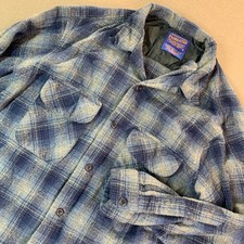 Pendleton Jacket Men LG Blue Wool Shadow Plaid Board Shirt Shacket Loop Collar