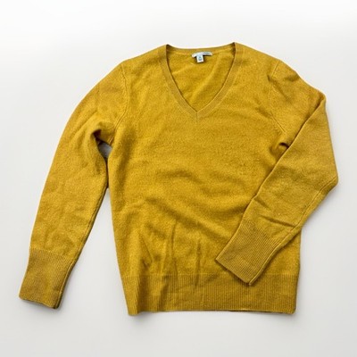 Halogen 100% Cashmere Crewneck Sweater Women's Sz XS Petite Ocher Yellow V-Neck