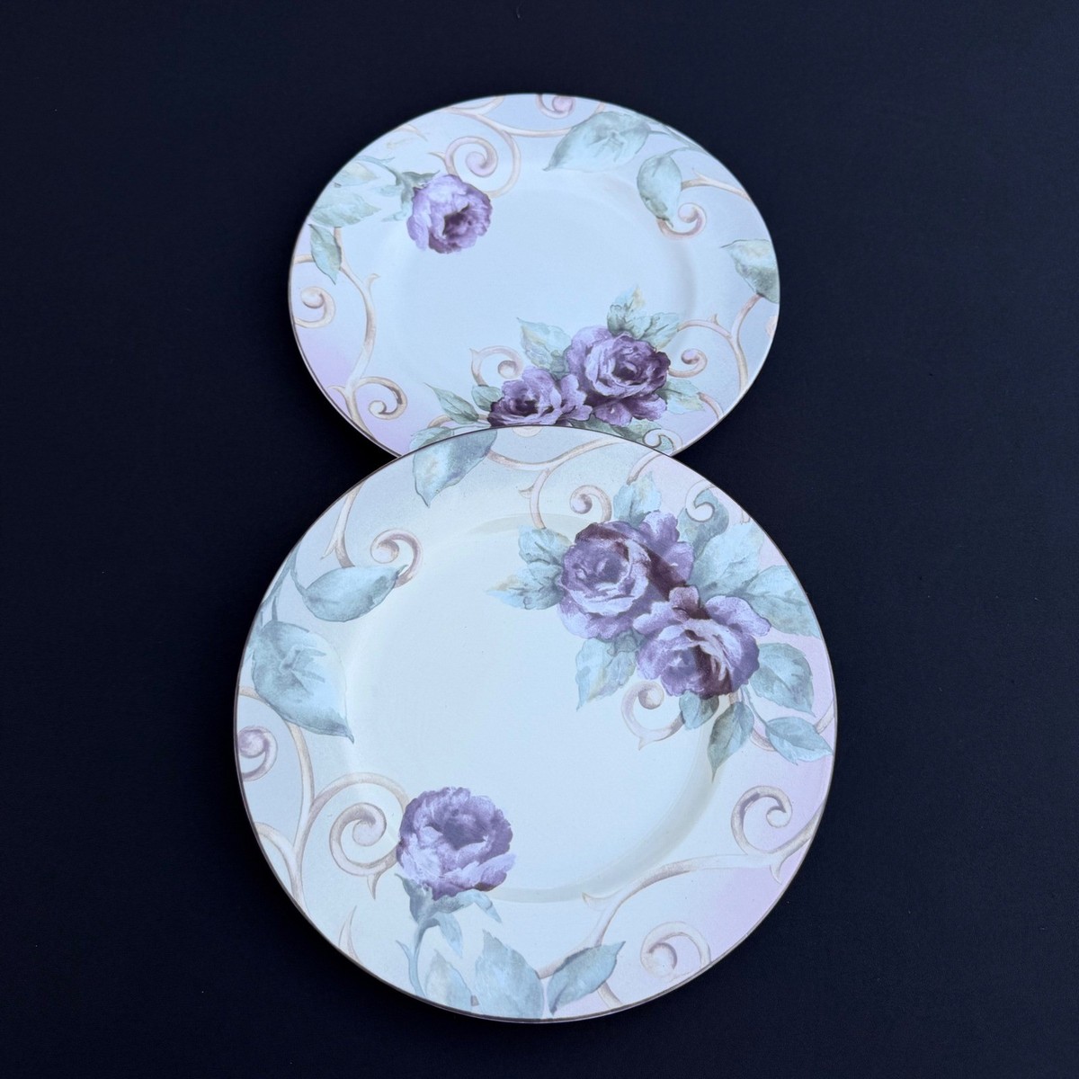 222 Fifth Shiraz Dinner Plates Set 2 Purple Rose Floral Genuine