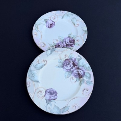 222 Fifth Shiraz Dinner Plates Set 2 Purple Rose Floral Genuine Stoneware 10.65''
