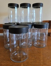 5 x 3" clear thick glass jars with screw on black lids 28 oz set of 6