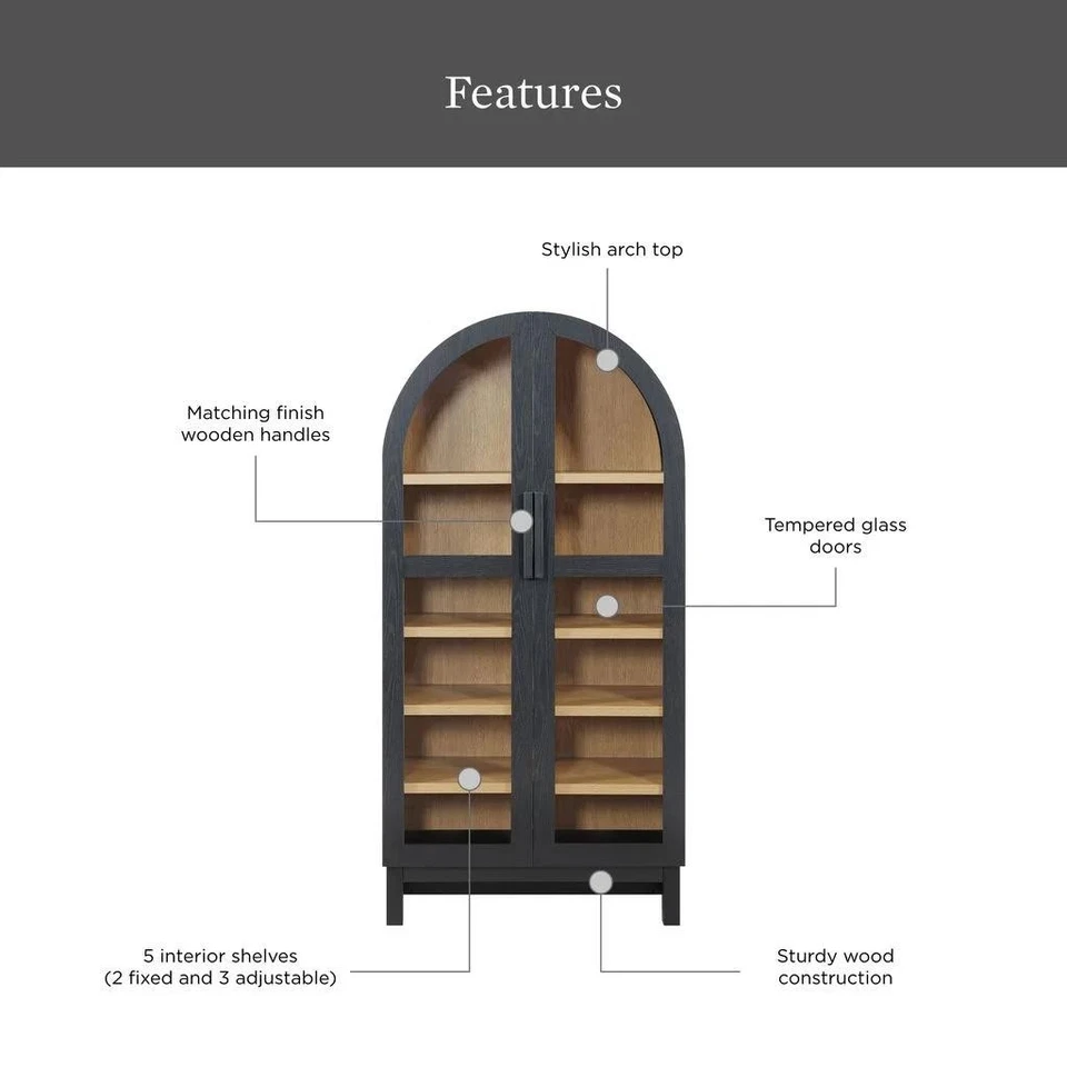 Modern Juliet Arch Black Accent Cabinet With Glass Front Accent Display Cabinet - Image 4 of 4