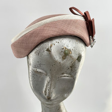 Vtg 1950s Pink Tilt Hat Rhinestone Buckle Trim Mid Century Fascinator