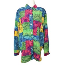 Vintage 80s Teddi green blue multicolor mixed animal print button down top M