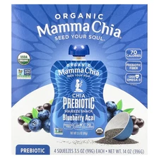 Organic Chia Prebiotic Squeeze Snack, Blueberry Acai, 4 Squeezes, 3.5 oz (99 g)