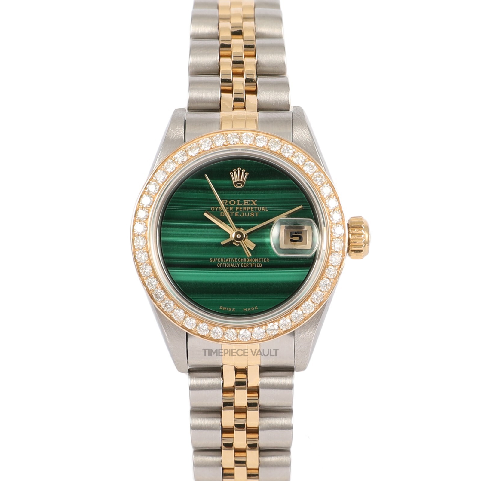 ROLEX LADY DATEJUST 79173 GOLD STEEL 26MM GREEN MALACHITE 18K DIAMOND BEZEL-B&P