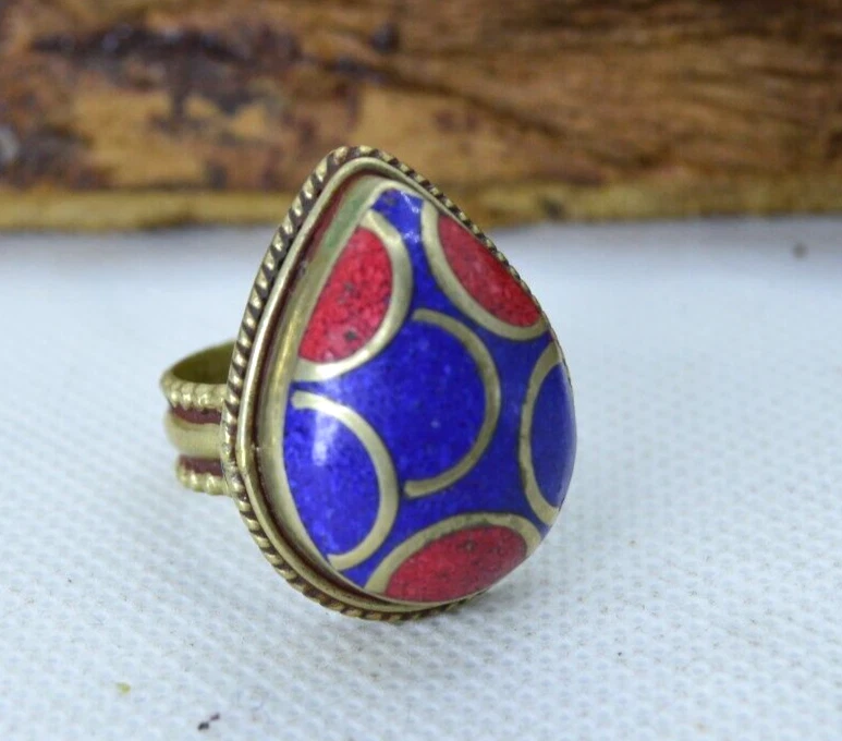 RARE Ancient Victorian Silver Color Blue Coral Stone Ring Old