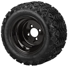 (4) Golf Cart 18x9.50-10 Black Trail A/T Tires on 10x7 Flat Black Steel Wheels