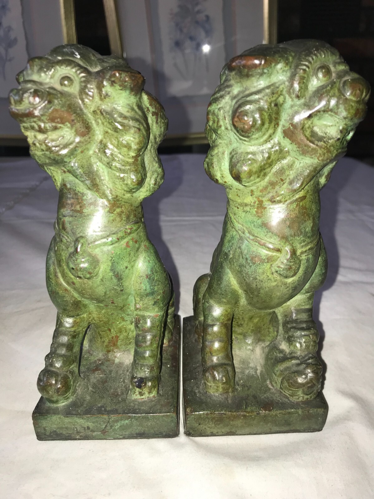 2/Pair Antique FOO DOG LION Hand Number 20-13 BRONZE Copper BOOKEND Figurine 7&frac12;"