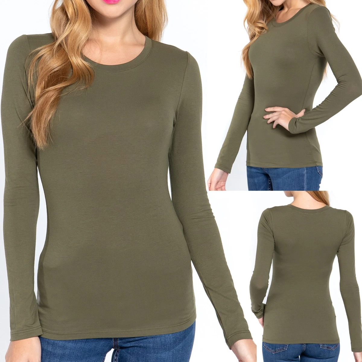 Womens Cotton Stretch Long Sleeve T-Shirt Plain Fitted Basic Solid Slim  Layering