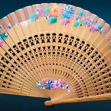 Vintage Hand Painted Decorative Floral Flower Folding Carved Women's Wooden Fan