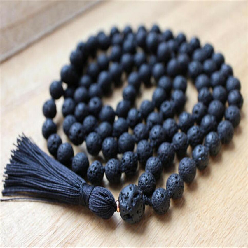 8mm Lava Stone 108 Buddha Beads Tassels Necklace pray Buddhism Men's Monk  mala