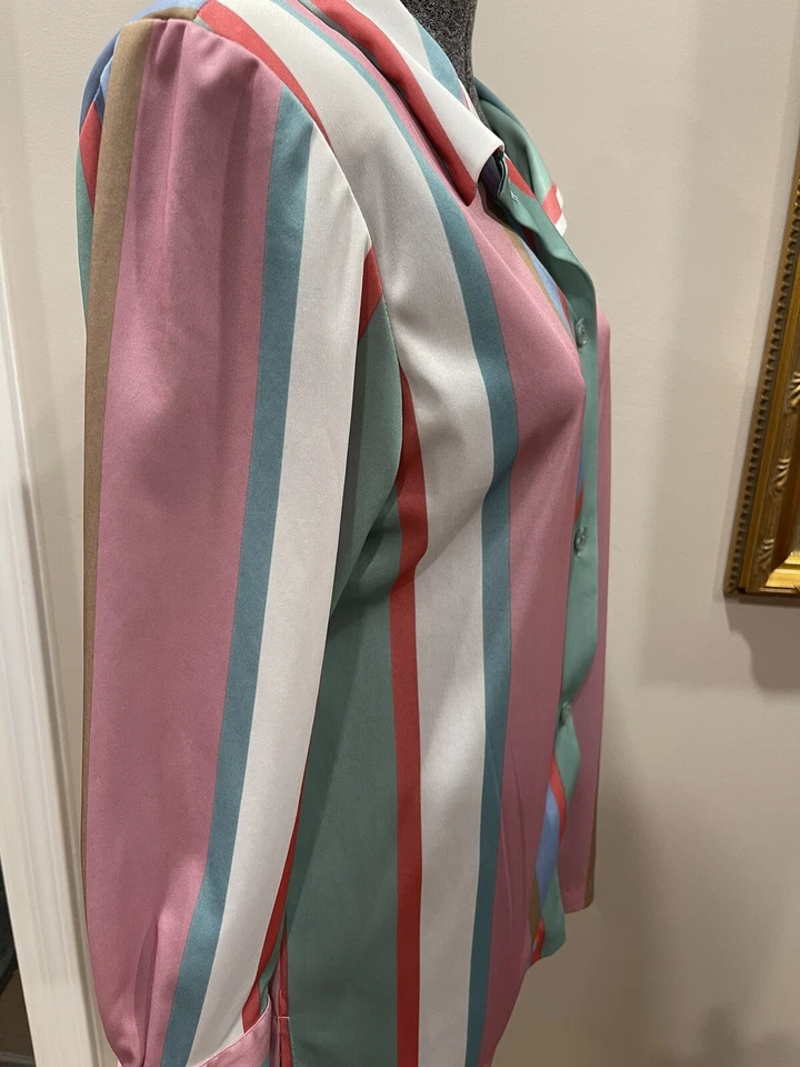 Vera Neumann Ladies 6P 1980s Multi Stripe Pastel Colored Long Sleeve Blouse VTG - Image 4 of 4