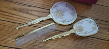 Vintage Vanity Dresser Set 3 Piece Gold Tone Brush, Mirror, Comb, Original Box