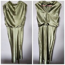 AW Bridal NWOT Women's 6 Olive Satin Draped Cap Sleeve Dress Wedding Bridesmaid