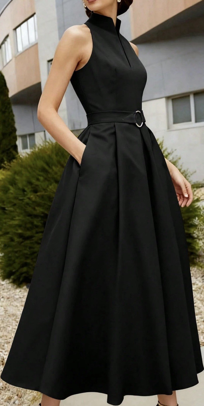 Women’s Black Sleeveless High Neck A-Line Midi Dress w/ Belt & Pockets Sz S