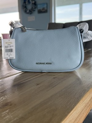 Michael Kors Carmela Small Leather Crossbody Pouch Bag Pale Ocean Blue Purse MK