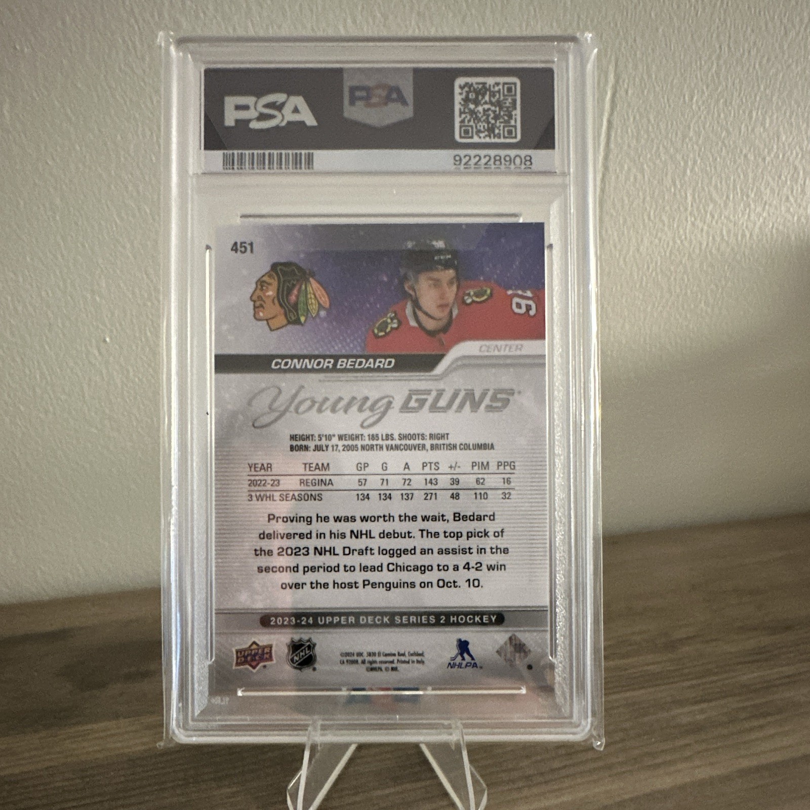 2023-24 Upper Deck Series 2 Young Guns Connor Bedard #451 (RC) PSA 8 view 2