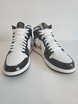 Nike Air Jordan 1 Mid SE Black Metallic Gold White Patent Mens