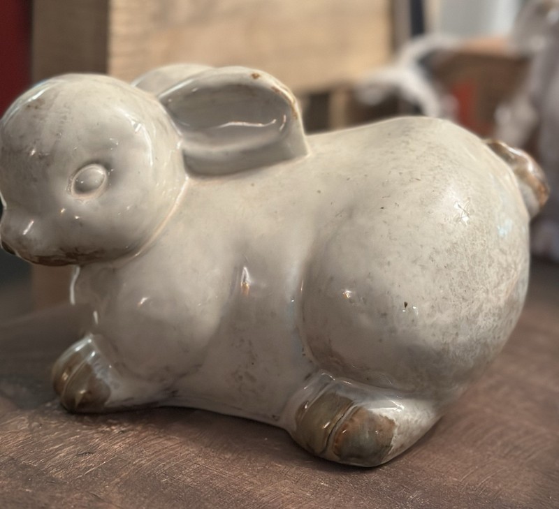 White & Beige Ceramic Rabbit Figurine, Glossy Decorative Animal Theme