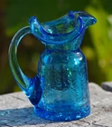 VINTAGE Mini Pitcher Crackle Glass Blue Blenko Glass Co. Made in USA 1960's