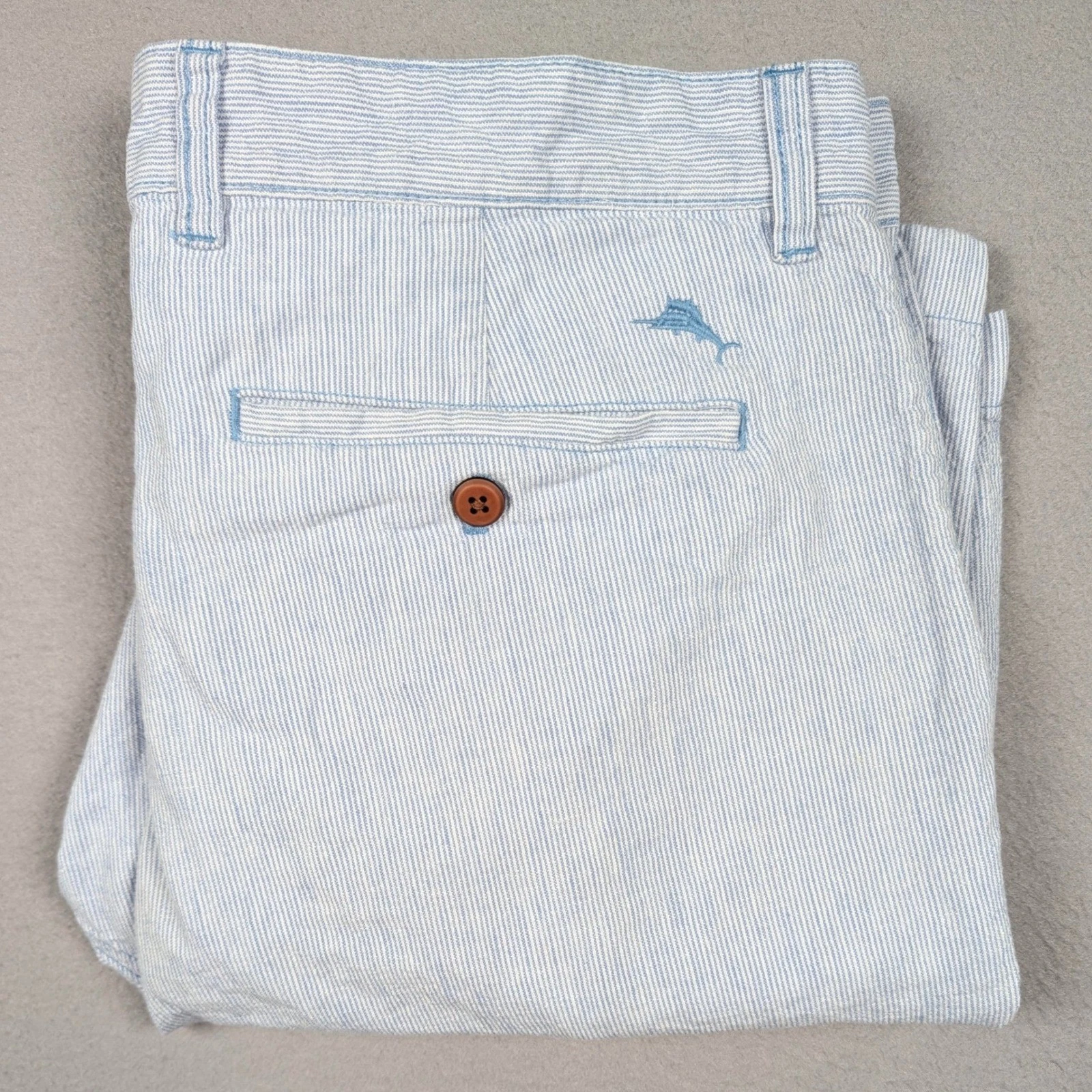 Tommy Bahama Shorts Mens 35 Blue White Pinstripe Linen Cotton Flat Front Marlin
